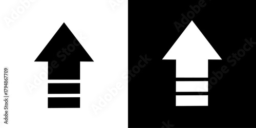 Two minimalist vector icons of bold arrows pointing up, presented in black on white background and white on black background versions.