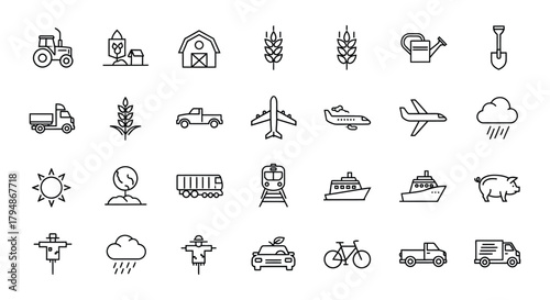 Line art icons representing agriculture transportation and weather