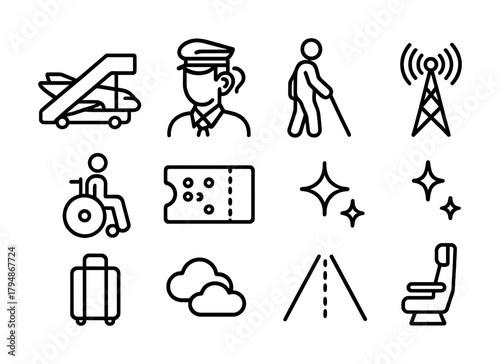 Travel icons: accessibility, aviation, navigation, and communication symbols