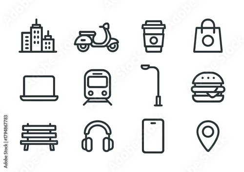 Urban icons set: city buildings, scooter, coffee, shopping bag, laptop, train, lamp, burger