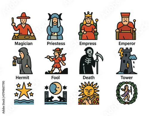 Colorful tarot card characters depicting magician, priestess, empress, emperor, hermit, fool, death, tower, stars, moon, sun