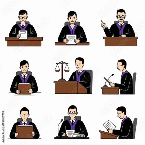 Cartoon set of judges in various poses sitting at the bench, holding documents, representing law and justice concepts in court.