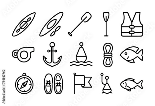 Outline icons of kayaking equipment and nautical items
