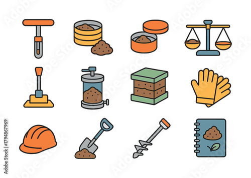 Soil testing equipment icons set with helmets, scales, and drill tools