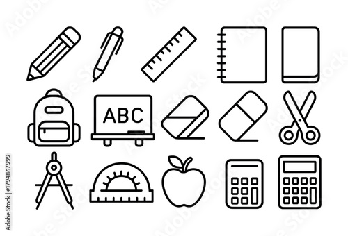 Line art school supplies: pencils, ruler, notebook, backpack, apple, calculator