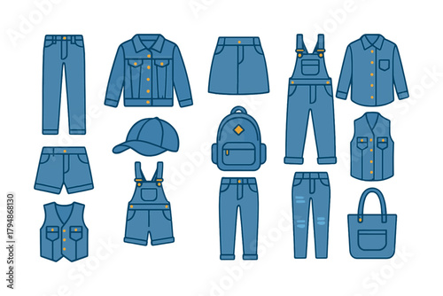 Blue denim set: jacket, shorts, overalls, and accessories collection