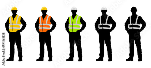 Set black silhouettes of construction workers in colored safety vests with reflective stripes and helmets, including orange, yellow, lime green, and black and white version, without background