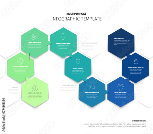 This multipurpose infographic template features a hexagon design for showcasing processes or steps. It's a clean hexagon infographic with seven distinct steps for clear communication.