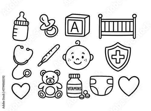 Baby care essentials: bottles, pacifier, toys, health items in simple line art