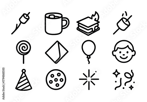 Line art icons of camping snacks, balloon, s'mores, party hat, and more fun symbols