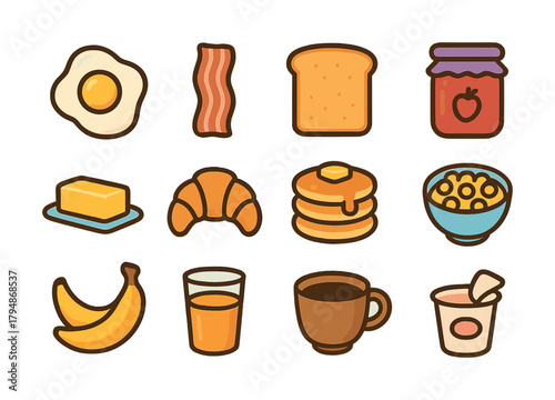 Colorful breakfast icons featuring eggs, bacon, toast, and more