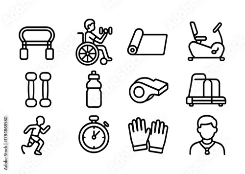 Inclusive fitness icons: wheelchair, exercise equipment, running, gloves, stopwatch, water bottle