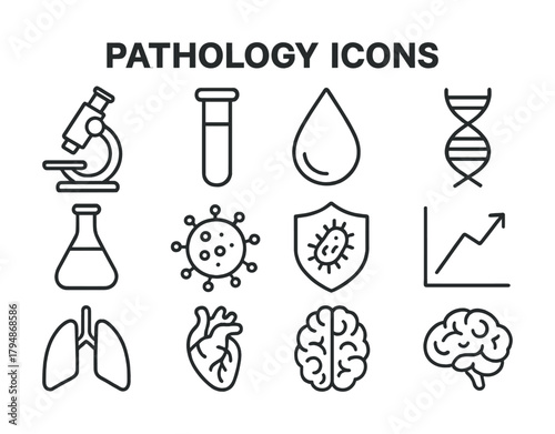 Pathology icons set: microscope, test tube, dna, virus, brain, lungs, heart - medical symbols