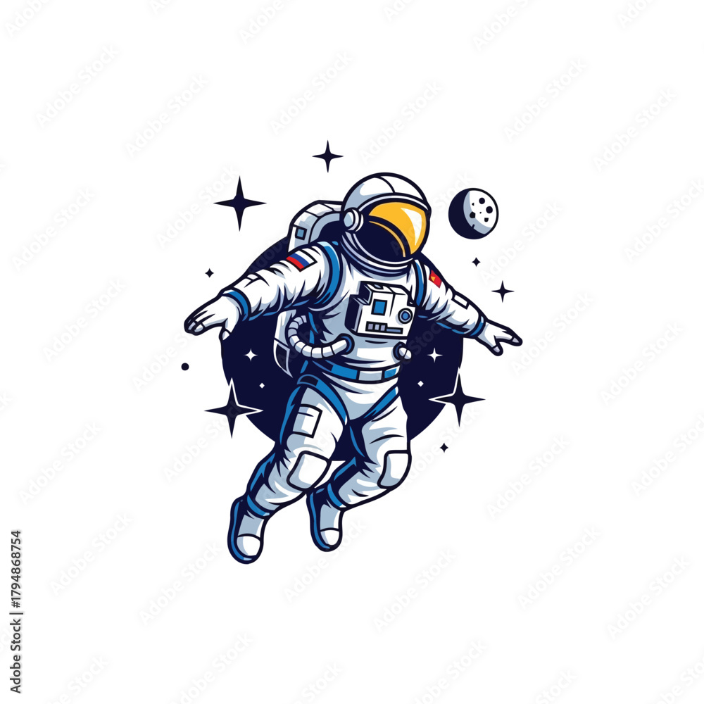 Obraz premium Captivating astronaut vector illustration depicting a spaceman exploring the star-filled cosmos, a dynamic graphic representing space adventure and celestial journeys