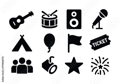 Music festival icons: instruments, tent, fireworks, microphone, drum