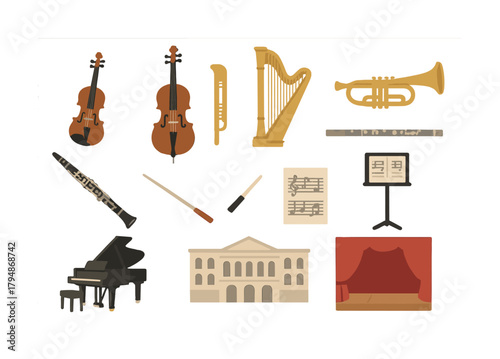 Orchestra instruments collection including violin, harp, and piano with music stand