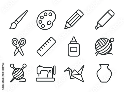 Art and craft icons: brush, palette, pencil, marker, scissors, ruler, glue, yarn, knitting, sewing, origami, vase