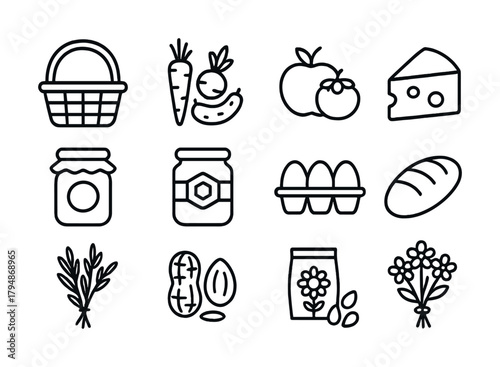 Line art icons: vegetables, fruits, cheese, eggs, bread, jars, herbs, flowers, basket