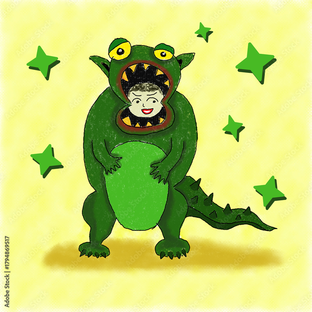 Obraz premium Digital illustration of a child in a scary Halloween costume. A child in a Halloween dinosaur costume with his mouth open and teeth bared.