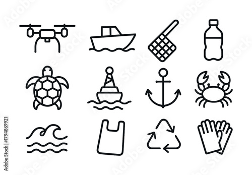 Set of nautical and environmental icons including drone, boat, and recycling symbols
