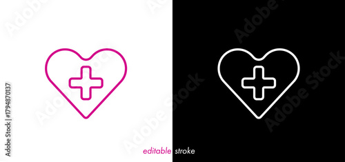 Editable stroke heart, medical cross line art vector design to use for healthcare, hospital, healthy lifestyle, medical laboratory, cardiology project.