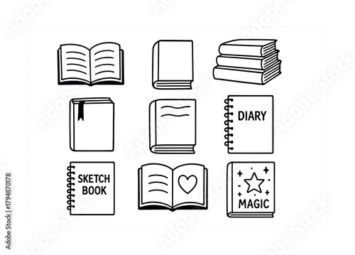 Collection of various notebooks and books: sketch, diary, and magic themes