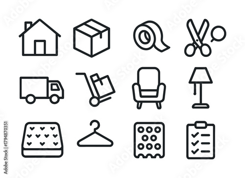 Home and moving essentials: icons of house, box, tape, scissors, truck, trolley, chair, lamp, mattress, hanger, calendar, checklist