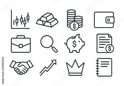 Financial icons set featuring graphs, gold bars, coins, and piggy bank symbols