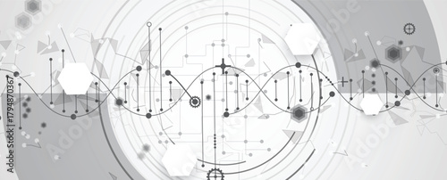 Futuristic hexagons, DNA strands, connected neural structure web