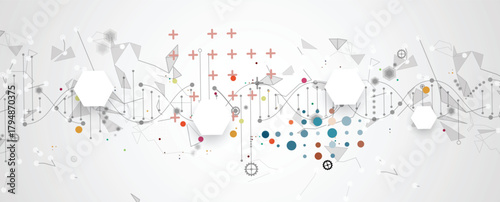 Futuristic hexagons, DNA strands, connected neural structure web