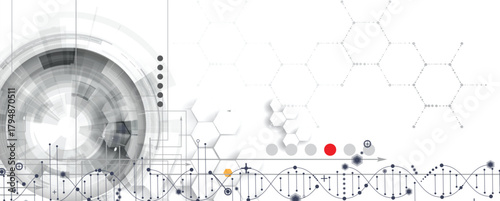Futuristic hexagons, DNA strands, connected neural structure web