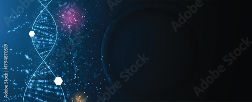Futuristic hexagons, DNA strands, connected neural structure web