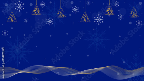 Decoration With Christmas Tree Ornaments And Sparkling Snowflakes On A Blue Background