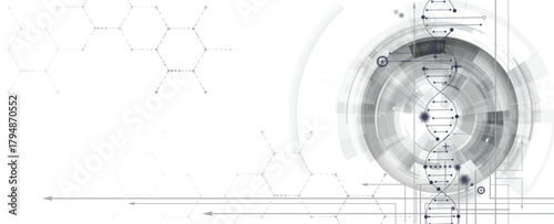 Futuristic hexagons, DNA strands, connected neural structure web