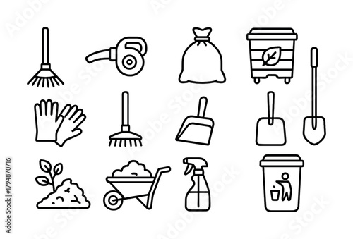 Outline illustrations of garden tools and equipment for landscaping and waste management