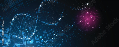 Futuristic hexagons, DNA strands, connected neural structure web