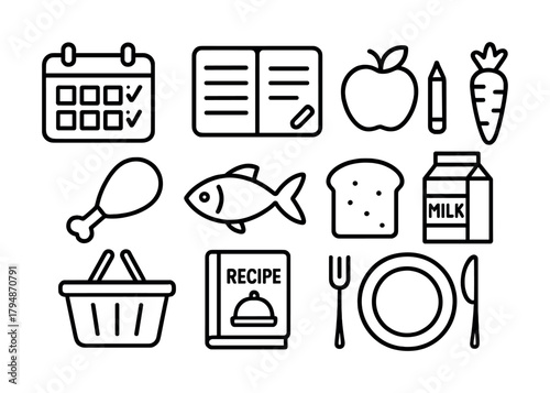 Simple meal planning icons: calendar, recipe book, healthy food symbols