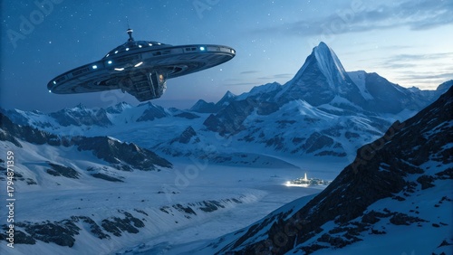 A colossal metal alien spaceship flies over a vast snowy mountain landscape with a remote illuminated settlement