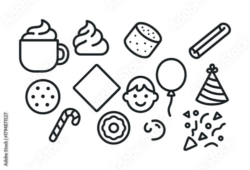 Happy celebration icons: party hat, balloon, candy, confetti, smiley face, cup, sweet treats