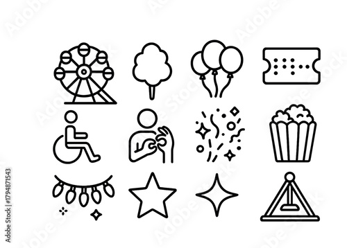 Funfair icons set: ferris wheel, balloons, popcorn, ticket, festive elements