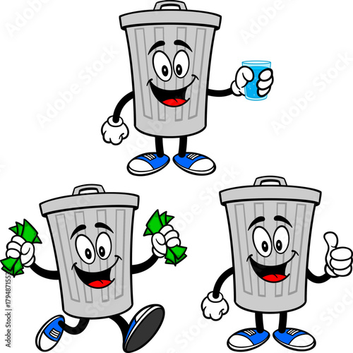 Trash Can Mascot Set 04, Hand Drawn illustrations of Trash Can Mascots in various poses.