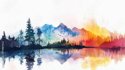 Serene watercolor landscape featuring mountains, trees, and reflective lake at sunset, evoking tranquility and natural beauty