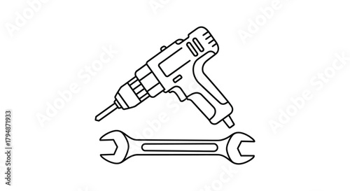 A line drawing of a drill and a wrench on a white background design