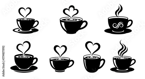 Set of Black and White Coffee Cup Silhouettes with Heart-Shaped Steam Minimalist Hot Beverage Icons Espresso Latte Cafe Drink Symbols