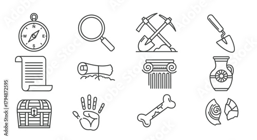 Line art icons representing archaeology and treasure hunting elements