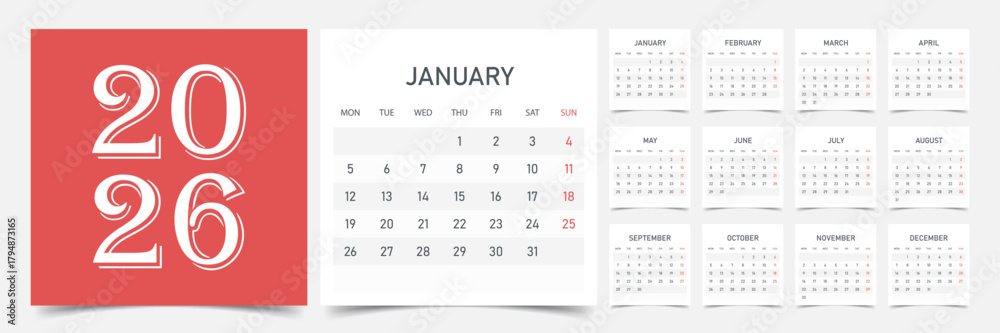Fototapeta premium Calendar 2026 year icon in flat style. Planner vector illustration on isolated background. Calender sign business concept.