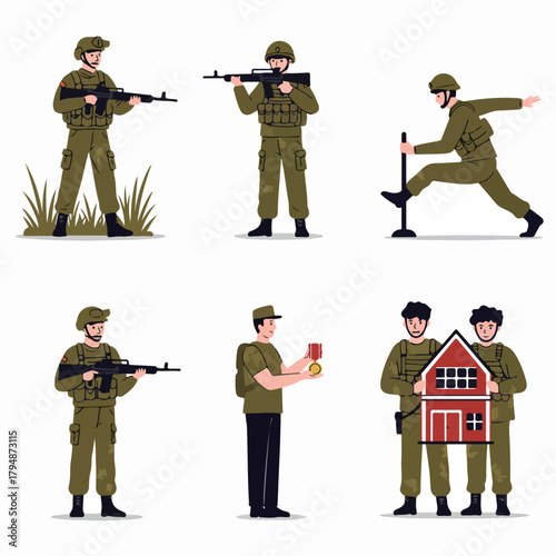 Flat illustration set depicting soldiers in combat gear, performing training, receiving honors, and symbolizing home defense and military duty.