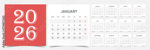 Calendar 2026 year icon in flat style. Planner vector illustration on isolated background. Calender sign business concept.