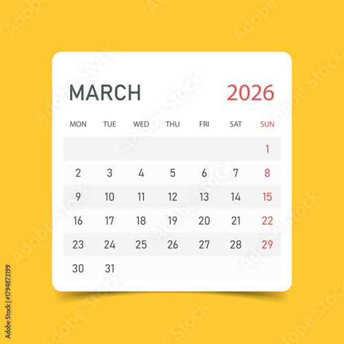 Calendar march 2026 icon in flat style. Planner sticker vector illustration on yellow isolated background. Calender sign business concept.
