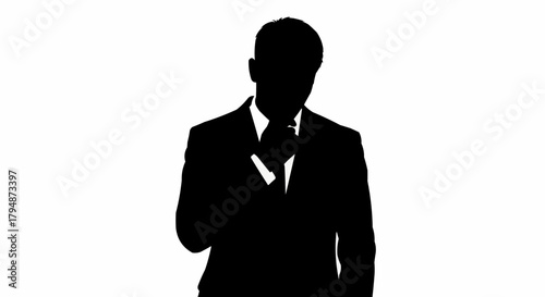 Mysterious Silhouette of a Man in a Suit Adjusting His Tie.